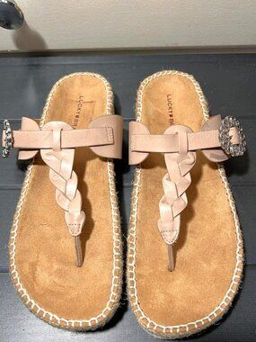 Lucky Brand Libba T-Strap Braided Espadrille Sandals Beige - Like New!